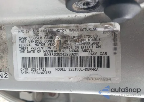 2004 Toyota Corolla Le z USA, uszkodzony, nr VIN 1NXBR32E34Z260203